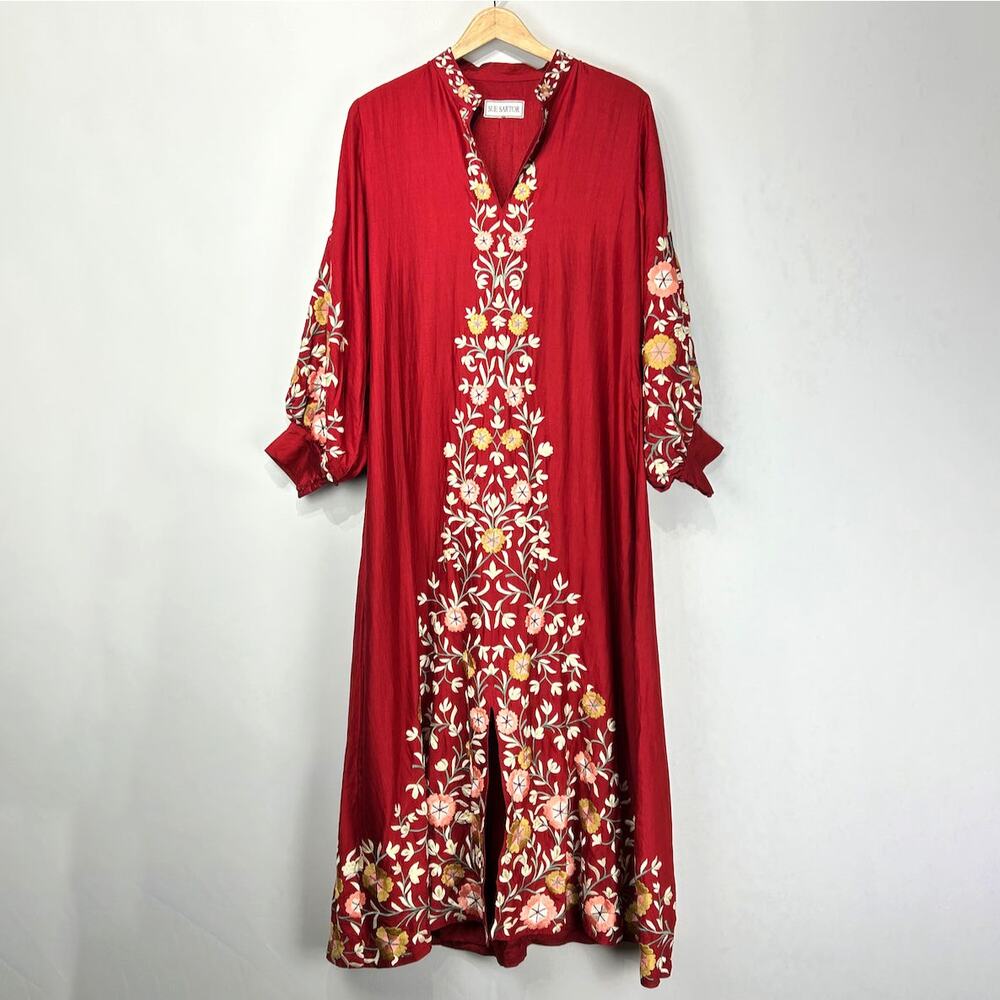 Sue Sartor Silk Moroccan Band Collar Kaftan / Maxi Dress in Cinnabar Red,  Sz L - Picture 4 of 16